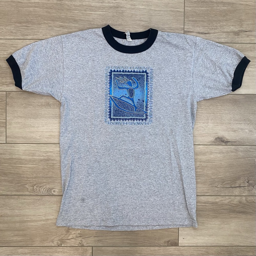Hawaii Ringer Gray T-Shirt Adult Size Medium Surfer Skater Casual Vacation Tee